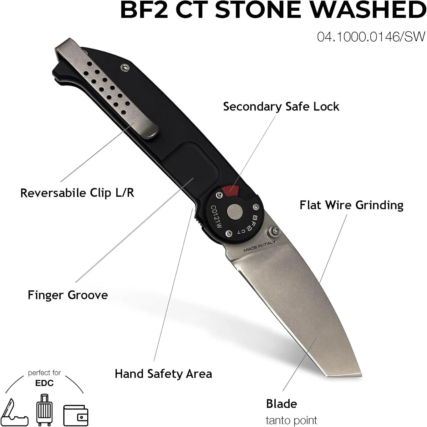 Extrema Ratio - BF2 CT (STONE WASHED), Folding Knife, Böhler N690 stainless steel blade hardened to 58 HRC, stone-washed finish, smooth anticorodal aluminum handle, dual guards, reversible clip