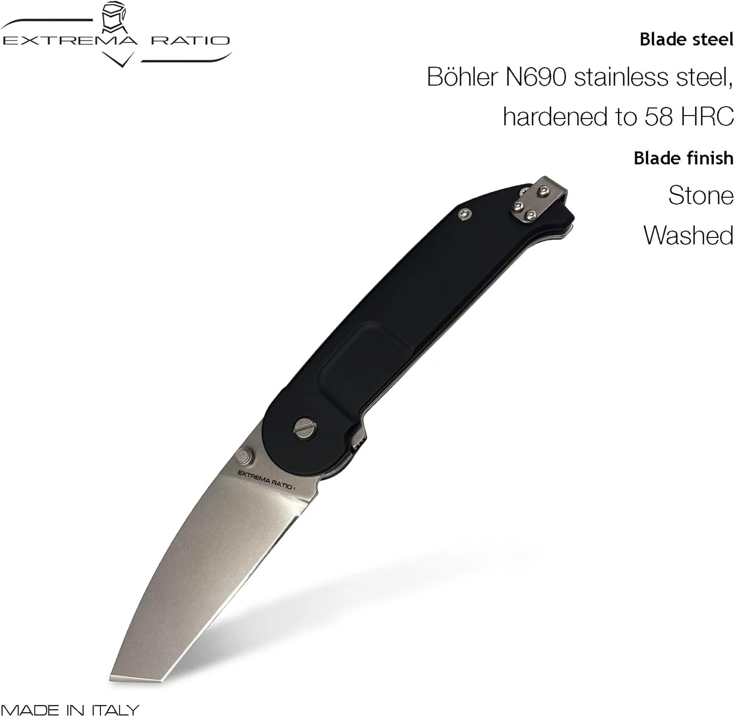 Extrema Ratio - BF2 CT (STONE WASHED), Folding Knife, Böhler N690 stainless steel blade hardened to 58 HRC, stone-washed finish, smooth anticorodal aluminum handle, dual guards, reversible clip