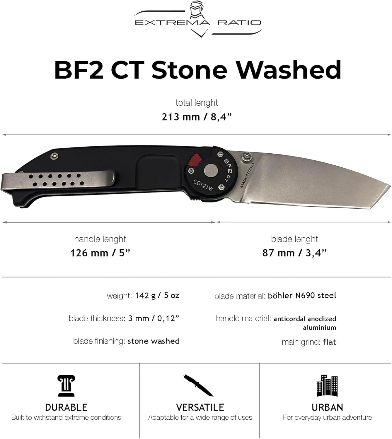 Extrema Ratio - BF2 CT (STONE WASHED), Folding Knife, Böhler N690 stainless steel blade hardened to 58 HRC, stone-washed finish, smooth anticorodal aluminum handle, dual guards, reversible clip