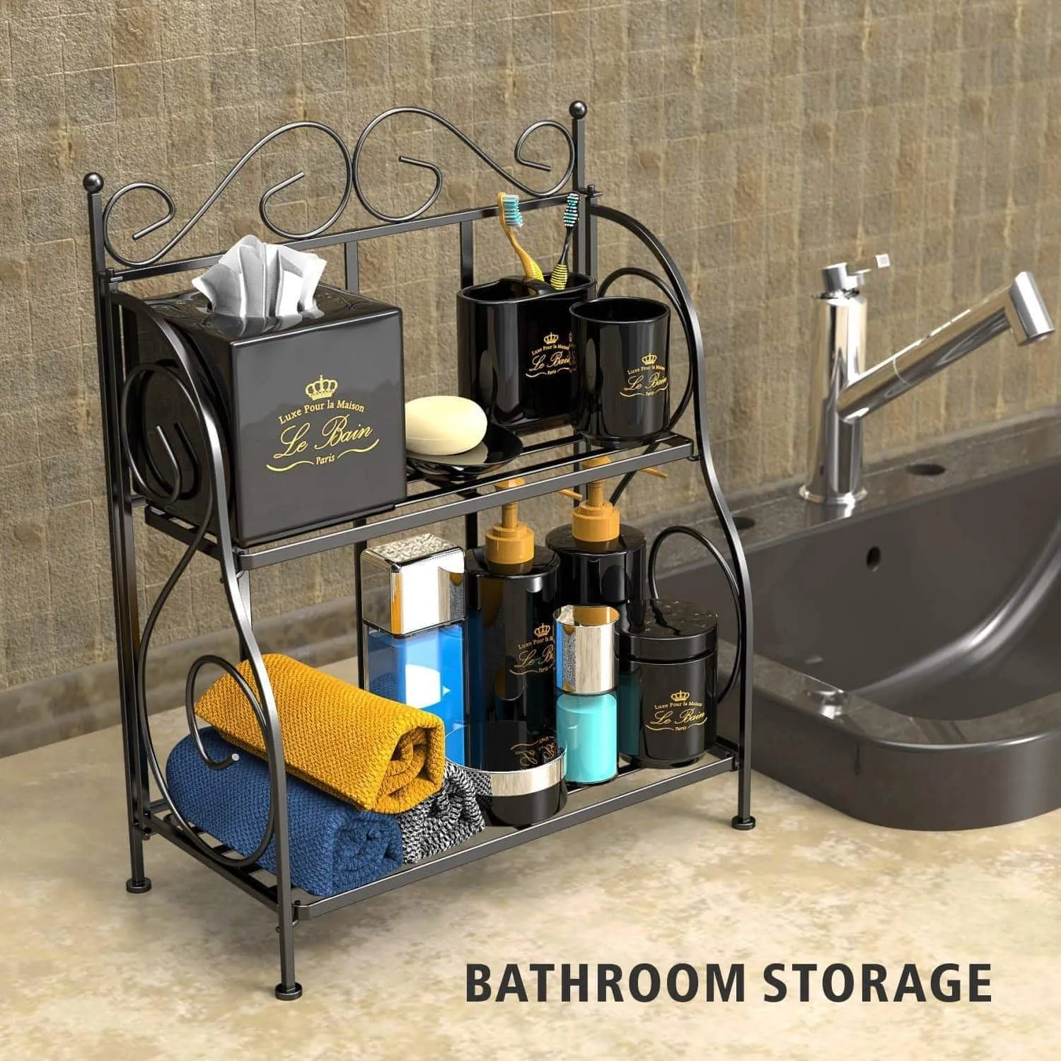 F-color Bathroom Countertop Organizer, 2 Tier Collapsible Kitchen Counter Spice Rack Jars Bottle Shelf Organizer Rack, Black