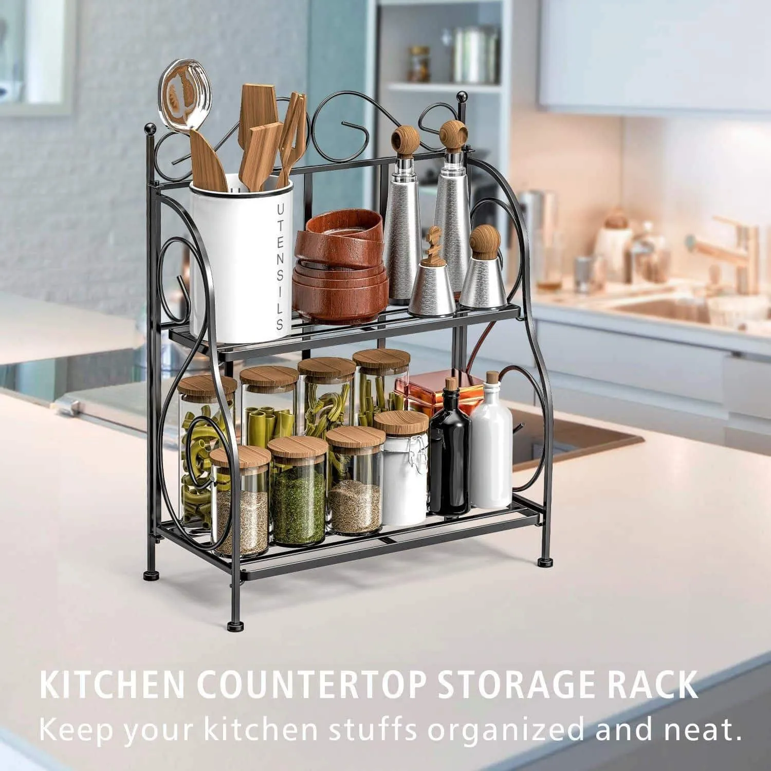 F-color Bathroom Countertop Organizer, 2 Tier Collapsible Kitchen Counter Spice Rack Jars Bottle Shelf Organizer Rack, Black