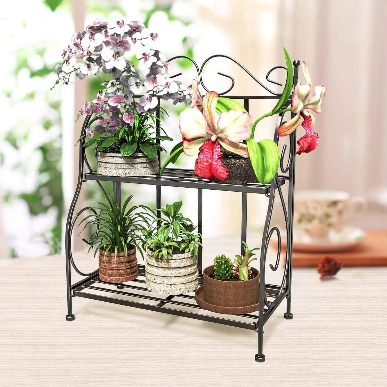 F-color Bathroom Countertop Organizer, 2 Tier Collapsible Kitchen Counter Spice Rack Jars Bottle Shelf Organizer Rack, Black