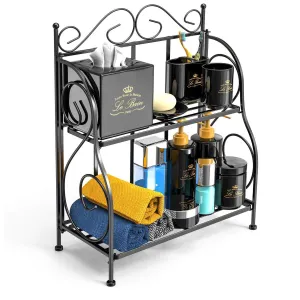 F-color Bathroom Countertop Organizer, 2 Tier Collapsible Kitchen Counter Spice Rack Jars Bottle Shelf Organizer Rack, Black