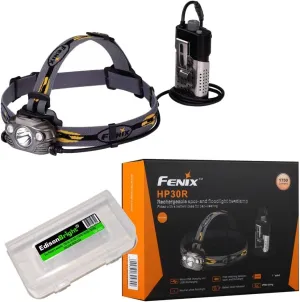Fenix HP30R 1750 Lumen CREE LED Headlamp (Black) 2 X Li-ion Rechargeable Batteries with Edisconbright Accessory case Bundle