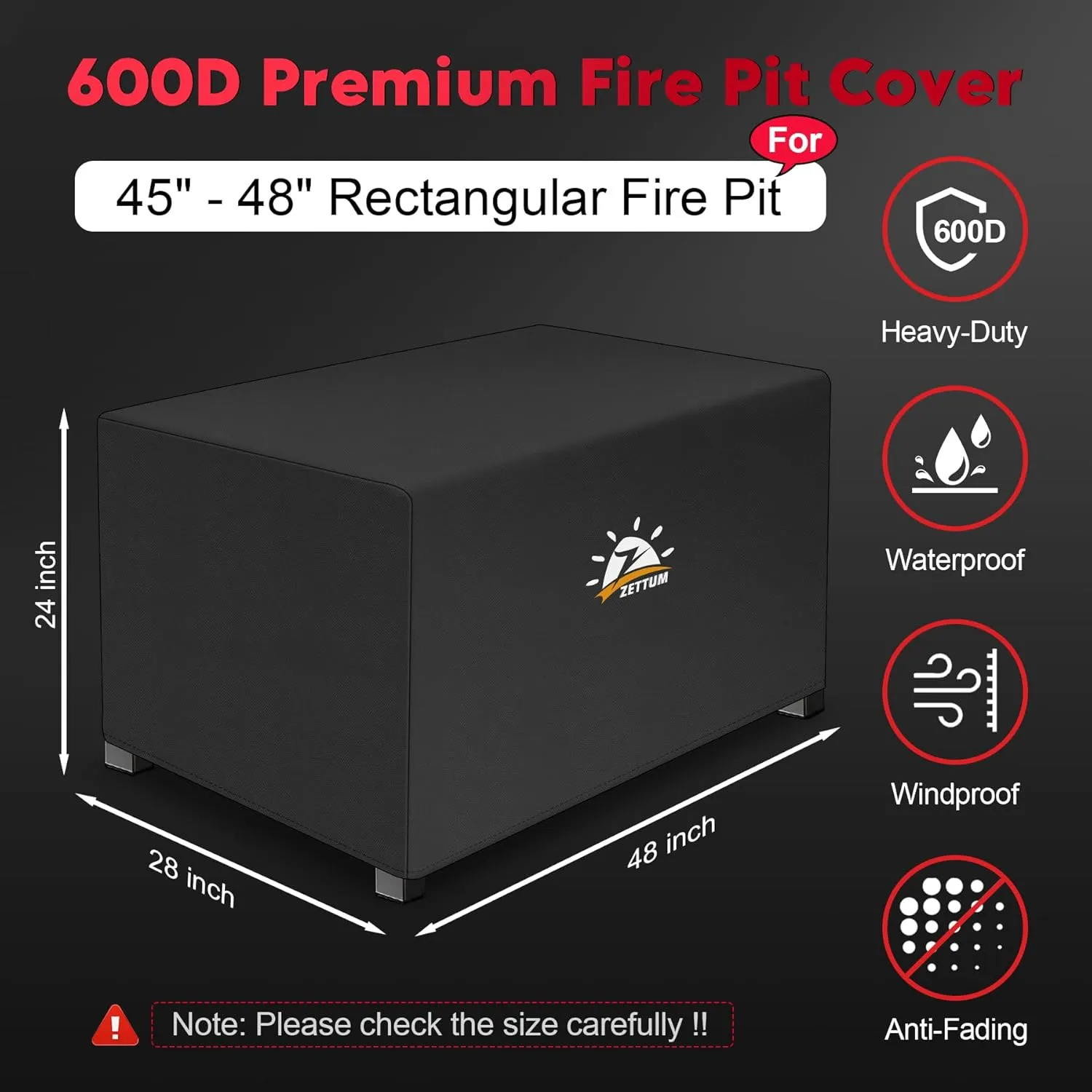 Fire Pit Cover Rectangular 48 Inch - Outdoor Fire Table Cover Rectangle Heavy Duty & Waterproof, 600D Patio Propane Gas Firepit Cover Rectangular Fade & Weather Resistant - 48 x 28 x 24 Inch