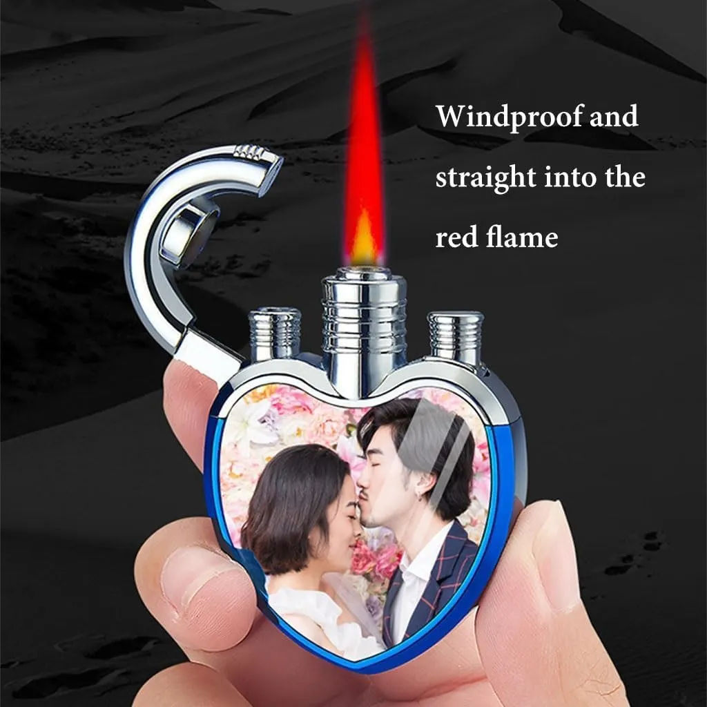 Fire-Spraying Red Flame Windproof Gas Lighter - Inflatable Butane, Multi-Red Energy Creative Love Lock Pattern - Ice Surface - Birthday, Christmas, Holiday, Couple Gifts(Gold ice)