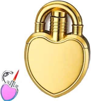 Fire-Spraying Red Flame Windproof Gas Lighter - Inflatable Butane, Multi-Red Energy Creative Love Lock Pattern - Ice Surface - Birthday, Christmas, Holiday, Couple Gifts(Gold ice)