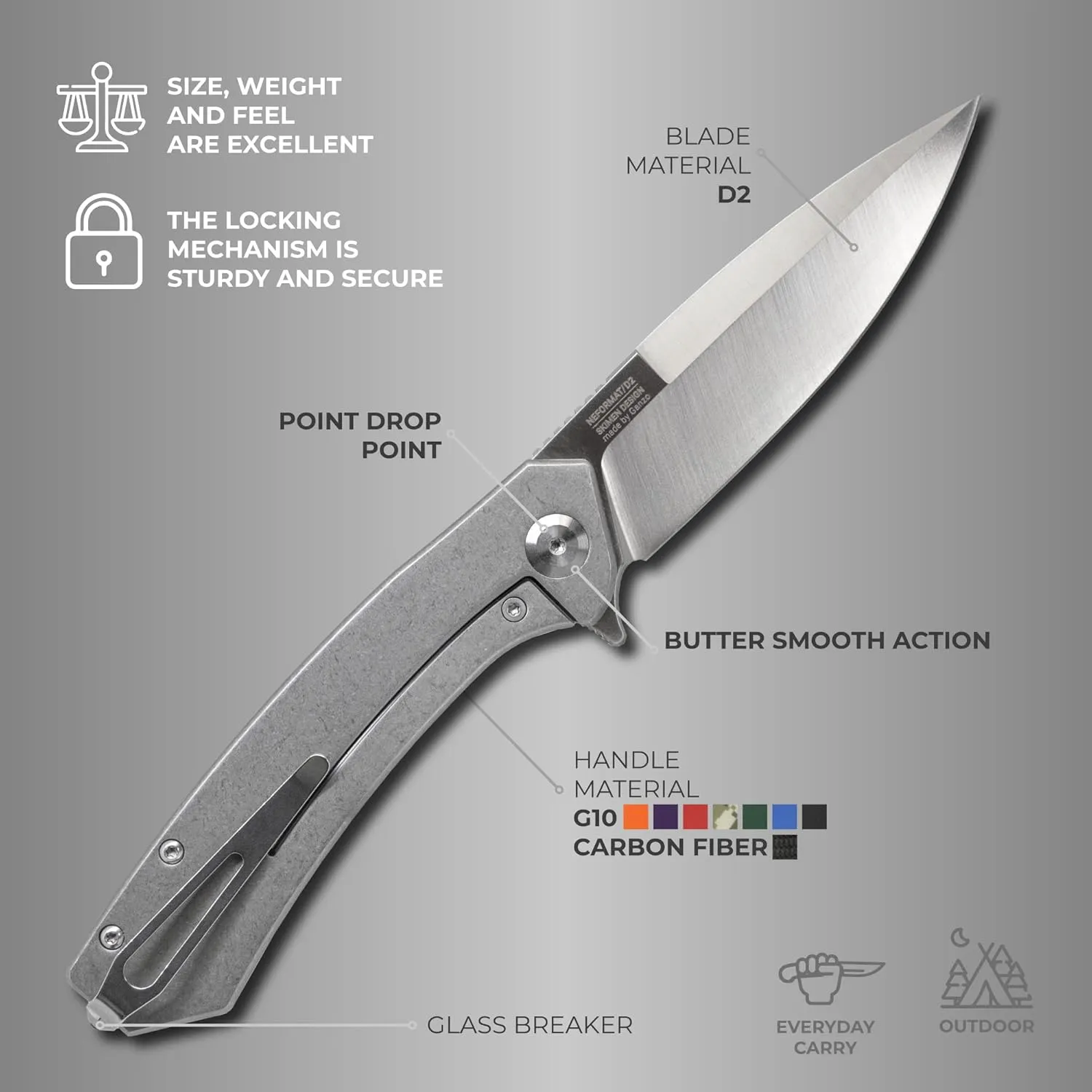Firebird GANZO Adimanti Skimen Pocket Folding Knife Carbon Fiber Handle with Clip and Glass Breaker D2 Steel Blade Hunting Fishing Camping Outdoor EDC Knife (CF Black)
