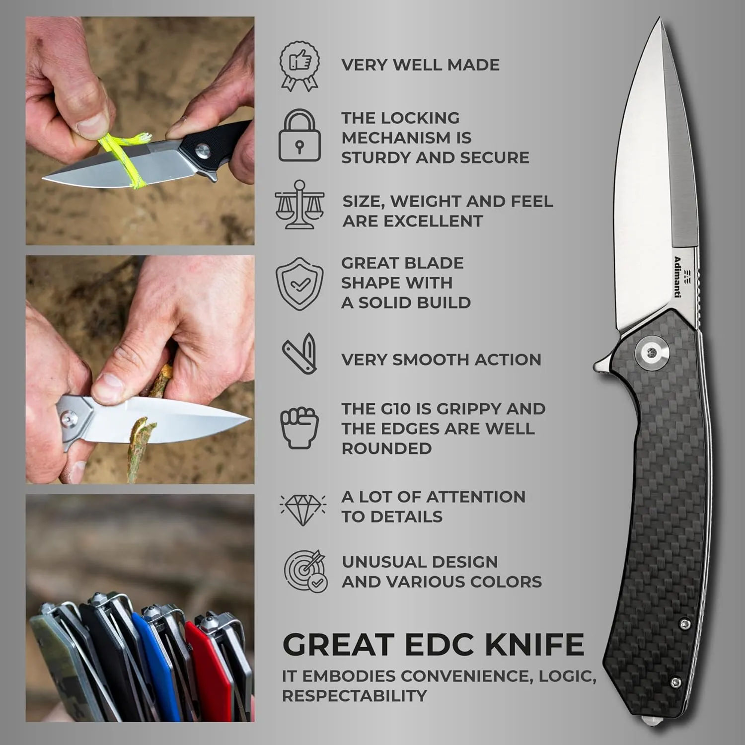 Firebird GANZO Adimanti Skimen Pocket Folding Knife Carbon Fiber Handle with Clip and Glass Breaker D2 Steel Blade Hunting Fishing Camping Outdoor EDC Knife (CF Black)