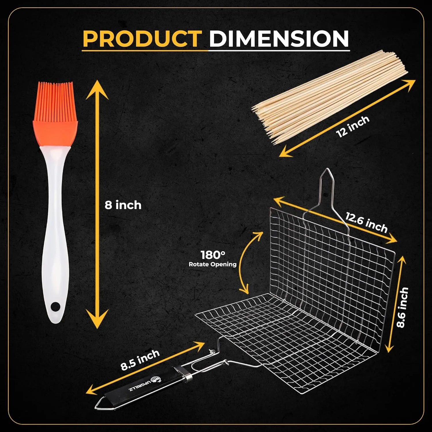 Fish Grill Baskets for Outdoor Grill Vegetables, Fish Grilling rack for Grill, BBQ Grilling Basket, Stainless steel Grill Basket for Veggies, shrimp Includes 50 skewers, Silicon Brush, and Carry Bag