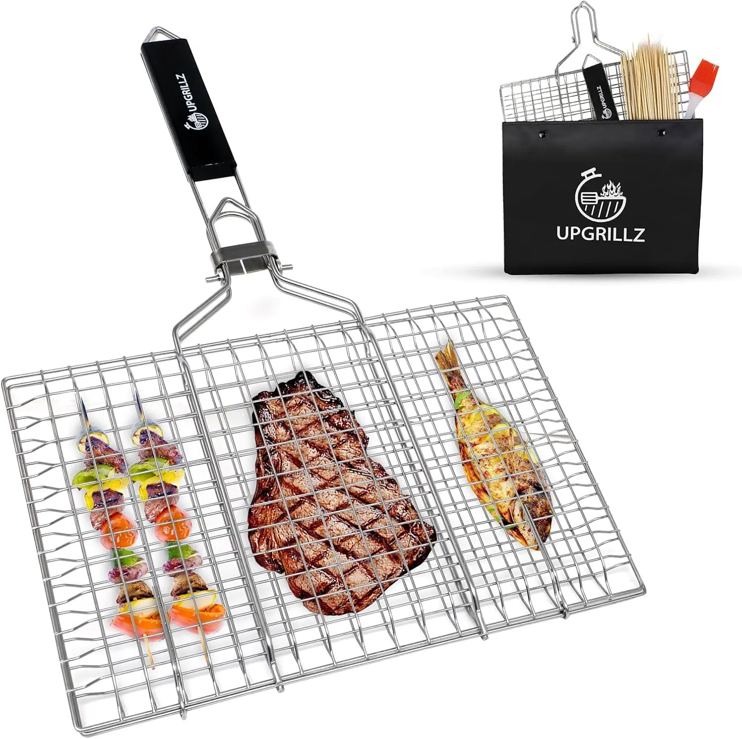 Fish Grill Baskets for Outdoor Grill Vegetables, Fish Grilling rack for Grill, BBQ Grilling Basket, Stainless steel Grill Basket for Veggies, shrimp Includes 50 skewers, Silicon Brush, and Carry Bag