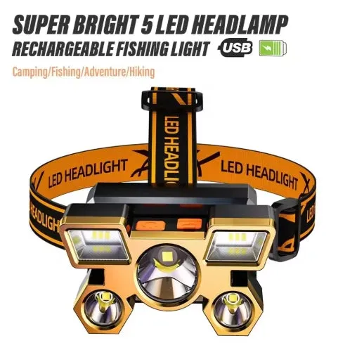 Five-head Long-range Super Bright Headlight USB strong light super bright rechargeable fishing lamp  head-mounted flashlight