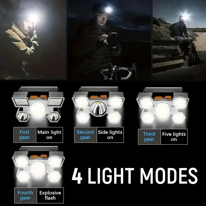 Five-head Long-range Super Bright Headlight USB strong light super bright rechargeable fishing lamp  head-mounted flashlight