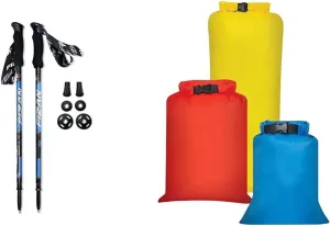 Fizan Compact 3 Trekking Poles and Outdoor Products 3-Pack Ultimate Dry Sacks for Backpacking and Kayaking
