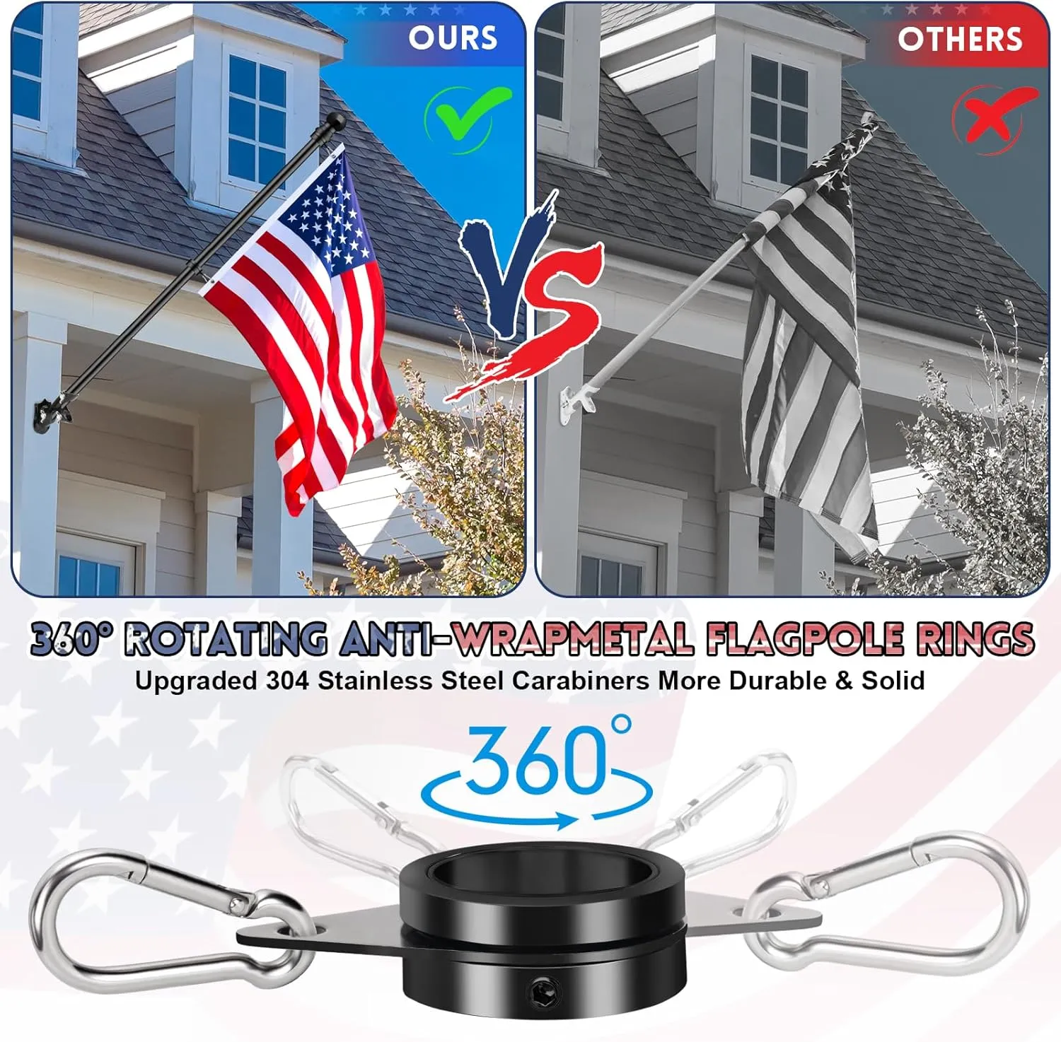 Flag Pole for House, REERON 6 FT Stainless Steel Spinning Flagpole Kit, 1" Rustproof Porch Flag Pole with 360° Tangle Free Metal Flagpole Ring for Residential Outdoor Sport for 3x5 Flag,Without Holder