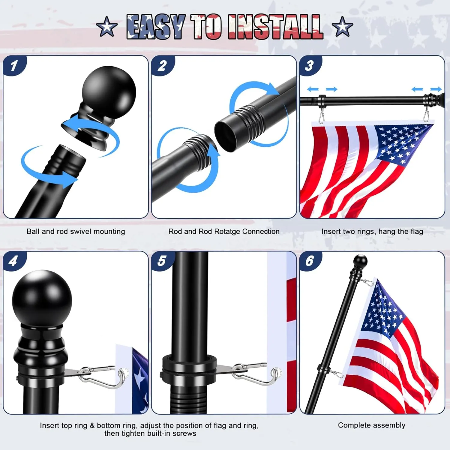 Flag Pole for House, REERON 6 FT Stainless Steel Spinning Flagpole Kit, 1" Rustproof Porch Flag Pole with 360° Tangle Free Metal Flagpole Ring for Residential Outdoor Sport for 3x5 Flag,Without Holder