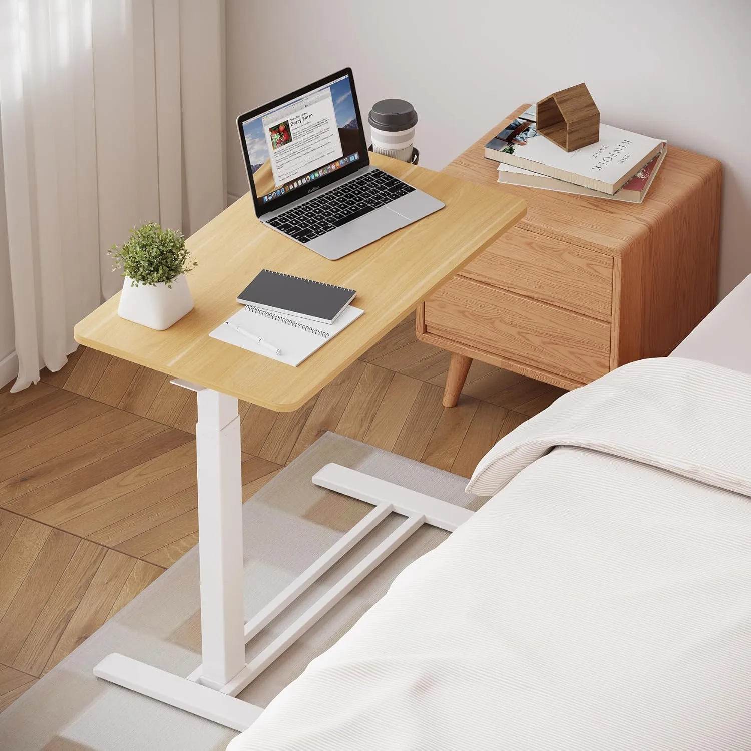 FLEXISPOT Mobile Standing Desk with Wheels Pneumatic Laptop Table Rolling Computer Cart Movable Height Adjustable Small Sit Stand Desk Computer Workstations Home Use(27.6" W x 15.7" D, Maple)