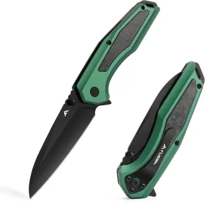 FLISSA Folding Pocket Knife, EDC Knife with SANDVIK 14C28N Steel Blade,Shredded Carbon Fiber Aluminium Combined Handle, Pocket Clip and Thumb Stud for Camping Hiking Outdoor(Green)