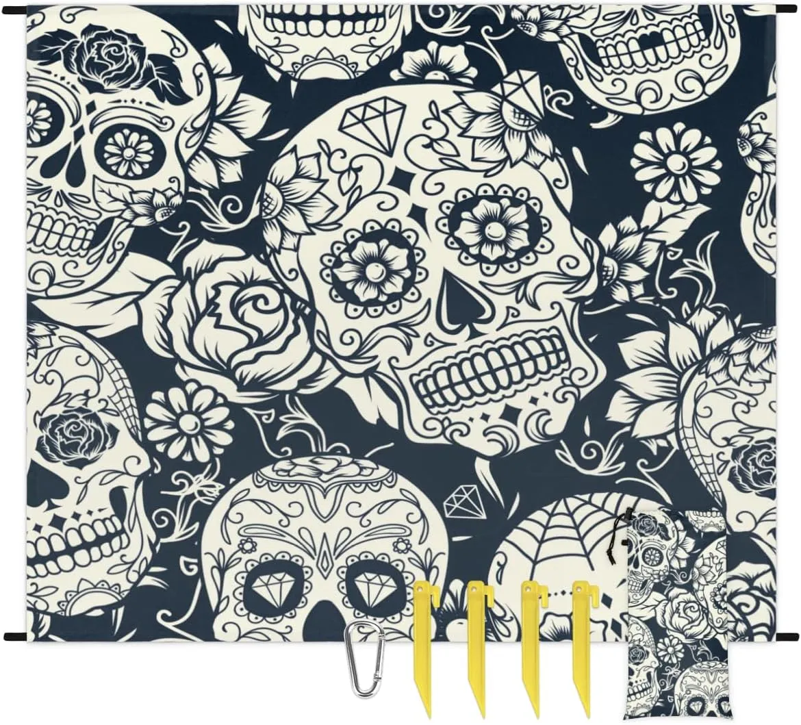 Flower Day of The Dead Skull Beach Blanket Adults Waterproof Sandproof Large Beach Mat 59”x 68” Compact Lightweight Picnic Blankets Portable Quick Drying Sand Free Mats for Travel Camping Hiking