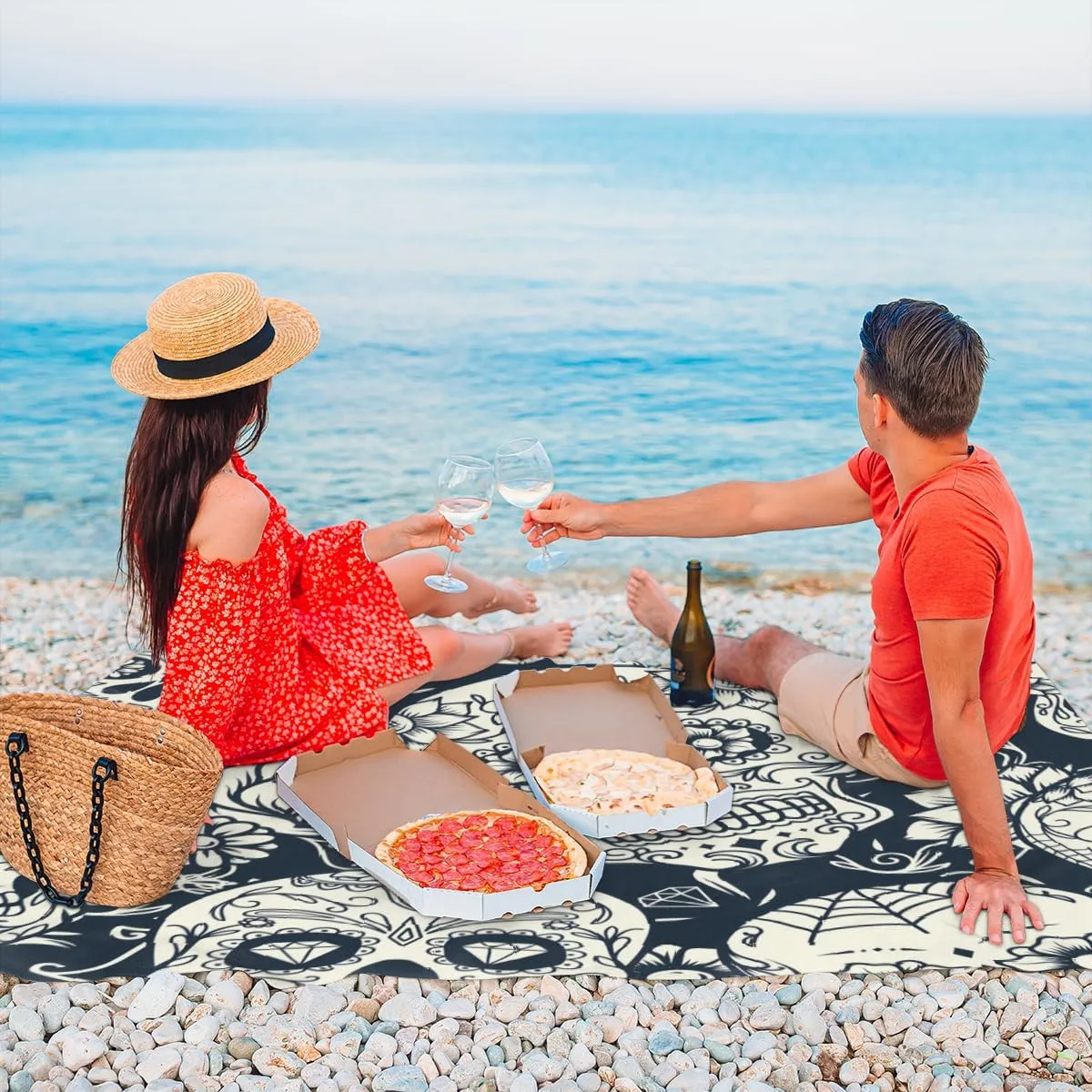 Flower Day of The Dead Skull Beach Blanket Adults Waterproof Sandproof Large Beach Mat 59”x 68” Compact Lightweight Picnic Blankets Portable Quick Drying Sand Free Mats for Travel Camping Hiking