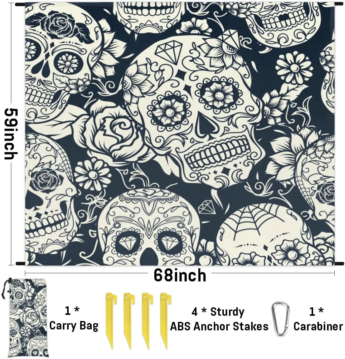 Flower Day of The Dead Skull Beach Blanket Adults Waterproof Sandproof Large Beach Mat 59”x 68” Compact Lightweight Picnic Blankets Portable Quick Drying Sand Free Mats for Travel Camping Hiking