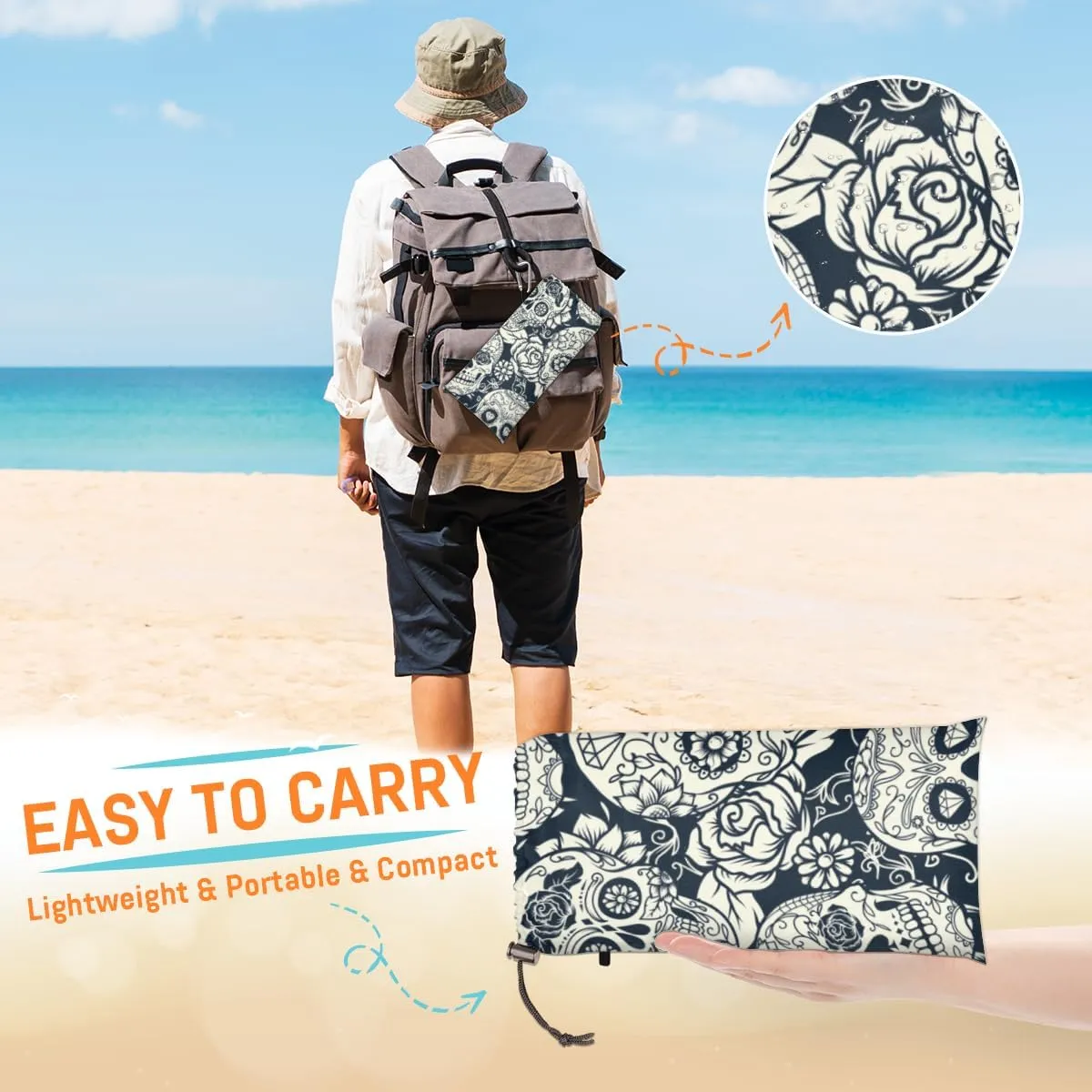 Flower Day of The Dead Skull Beach Blanket Adults Waterproof Sandproof Large Beach Mat 59”x 68” Compact Lightweight Picnic Blankets Portable Quick Drying Sand Free Mats for Travel Camping Hiking