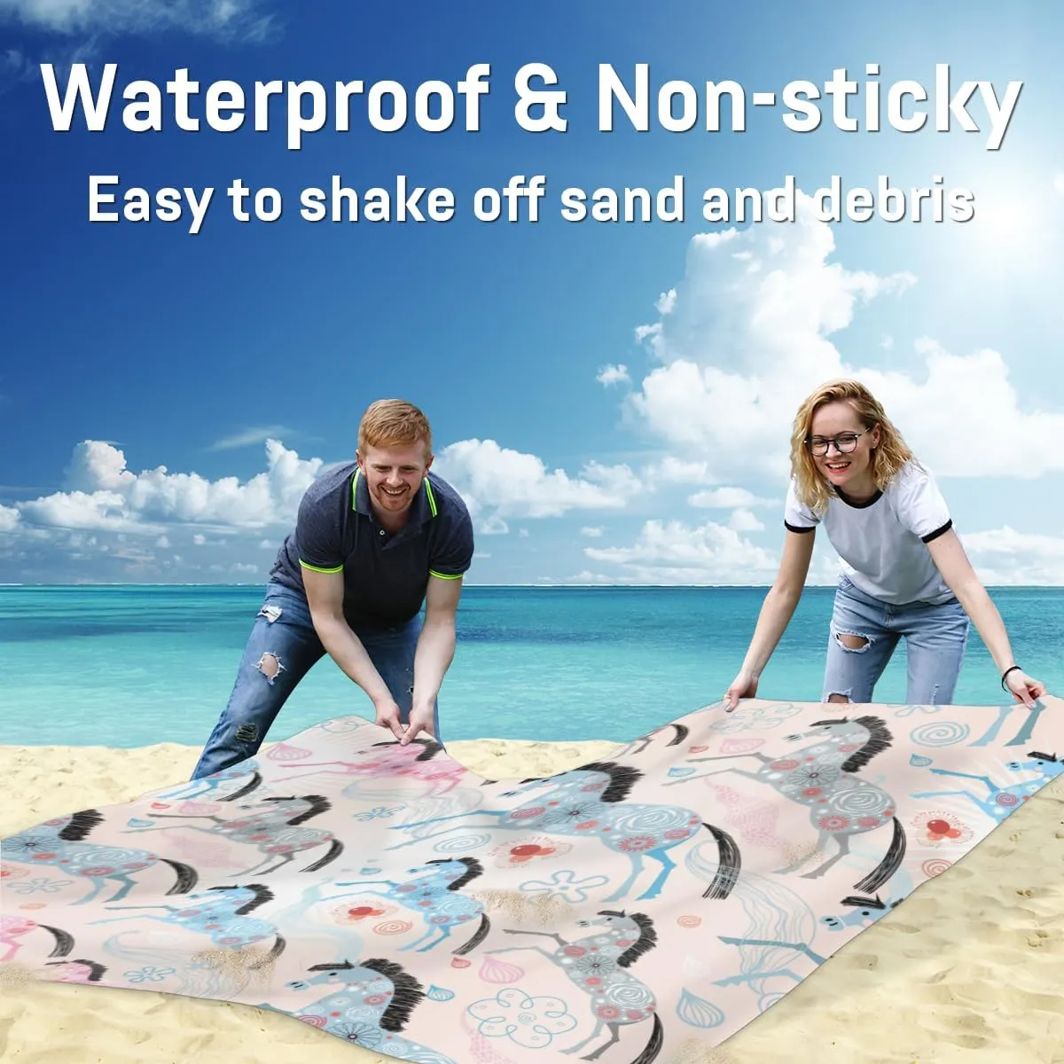 Flower Horse Animals Beach Blanket Adults Waterproof Sandproof Large Beach Mat 59”x 68” Compact Lightweight Picnic Blankets Portable Quick Drying Sand Free Mats for Travel Camping Hiking
