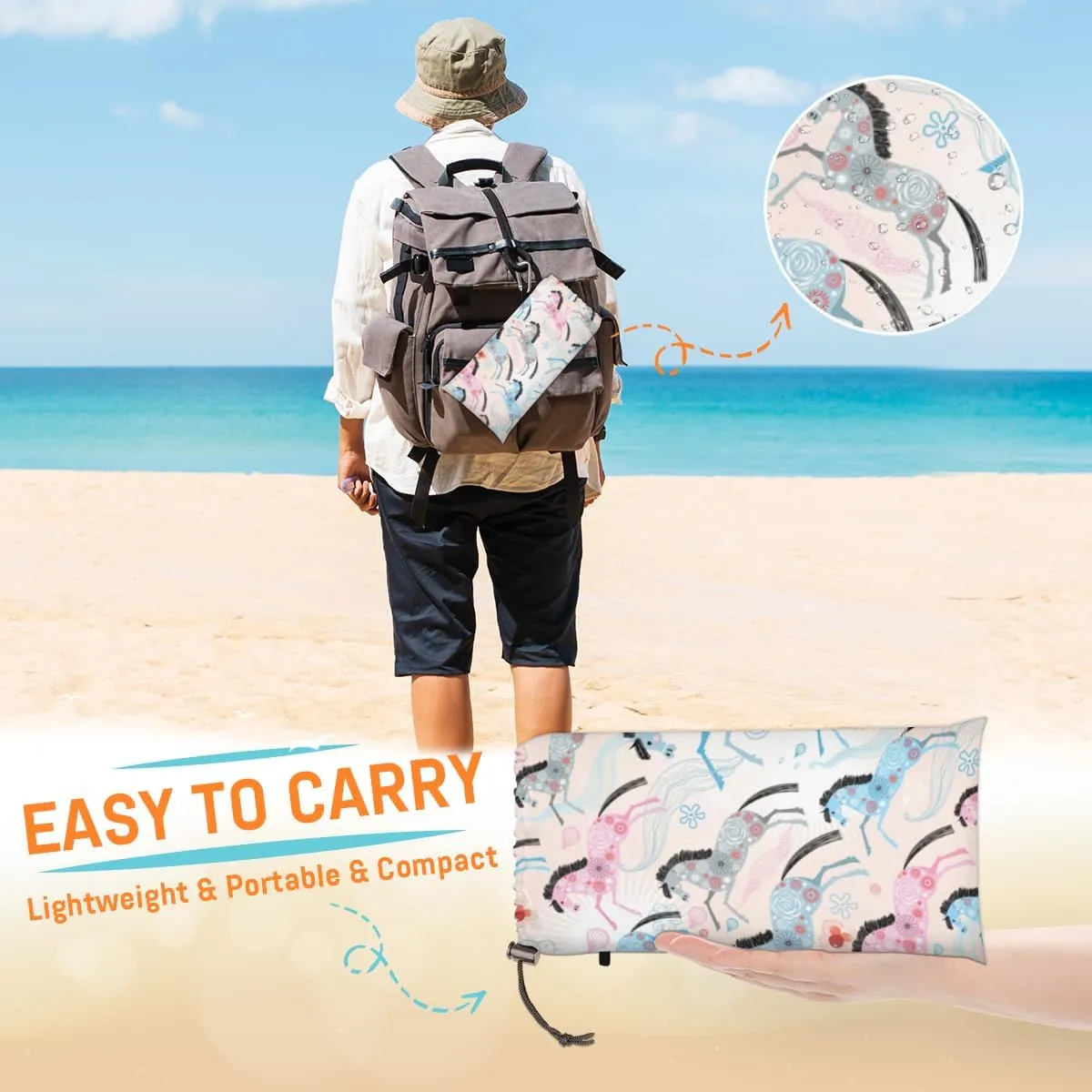 Flower Horse Animals Beach Blanket Adults Waterproof Sandproof Large Beach Mat 59”x 68” Compact Lightweight Picnic Blankets Portable Quick Drying Sand Free Mats for Travel Camping Hiking