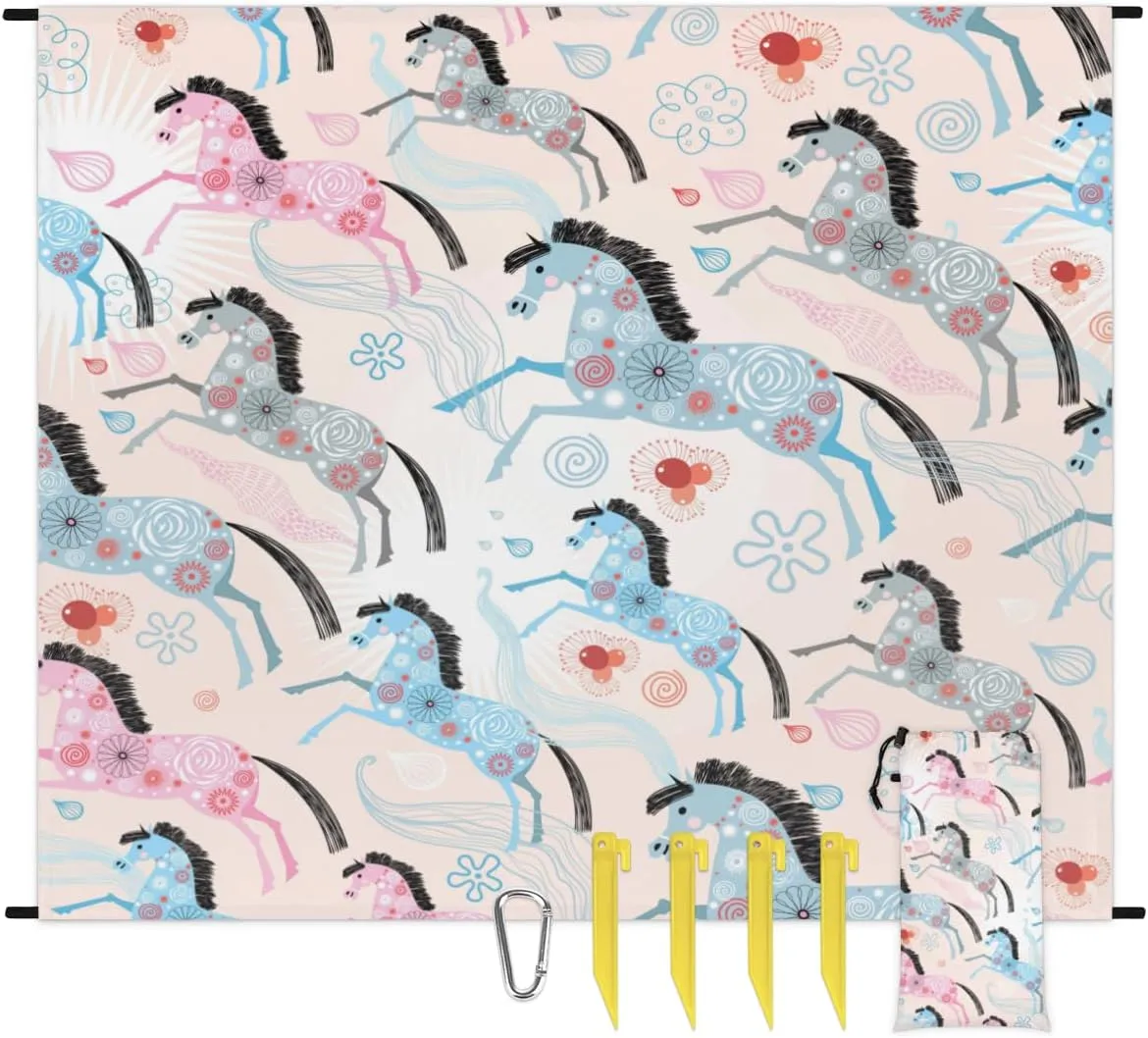 Flower Horse Animals Beach Blanket Adults Waterproof Sandproof Large Beach Mat 59”x 68” Compact Lightweight Picnic Blankets Portable Quick Drying Sand Free Mats for Travel Camping Hiking
