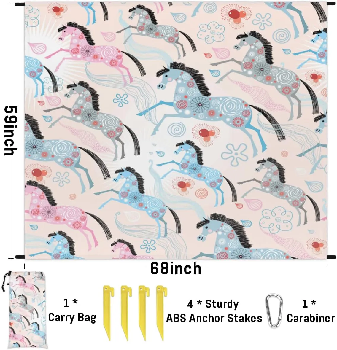 Flower Horse Animals Beach Blanket Adults Waterproof Sandproof Large Beach Mat 59”x 68” Compact Lightweight Picnic Blankets Portable Quick Drying Sand Free Mats for Travel Camping Hiking