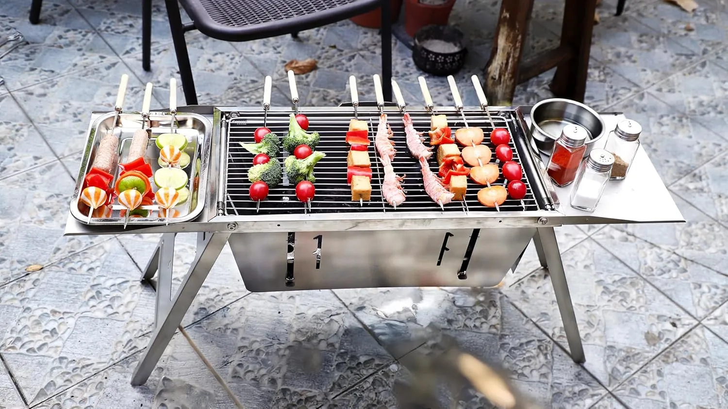 Foldable BBQ - Full Body Stainless Steel BBQ Chacoal Grill Stand with 2Trays, 2 Steel Skewers, Carry bag, Height Adjustable Grid, 10S Setup, Fold Flat Outdoor Backyard Camping must have