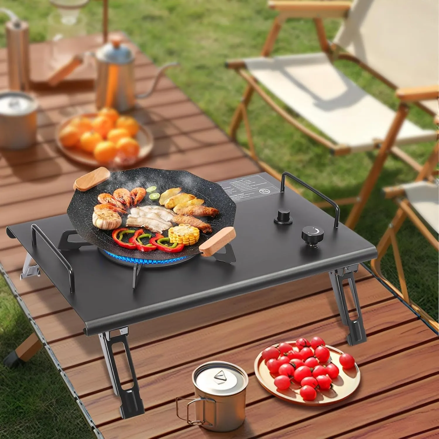 Foldable Camping Stove, 13,648 BTU Portable Desktop Gas Stove with Electronic Ignition Table Camp Stove for Outdoor Cooking, Hiking, Camping (Black)