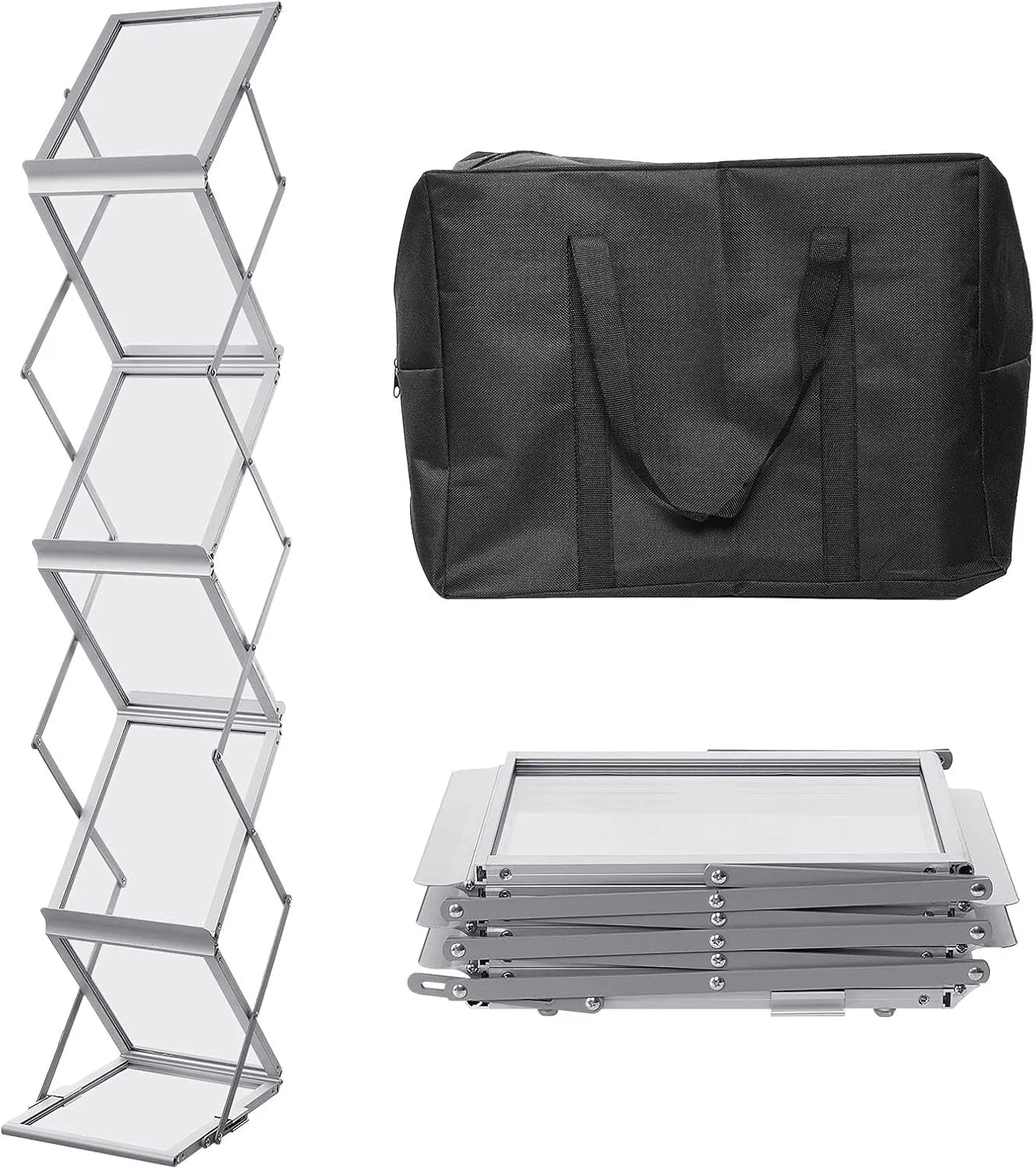 Foldable Literature Catalog Rack | Magazines Display Stand Holder | magazines rack floor with 6 Pockets | trade show brochure display stand | Comic Book Shelf with Carrying Bag for Trade Show (White)