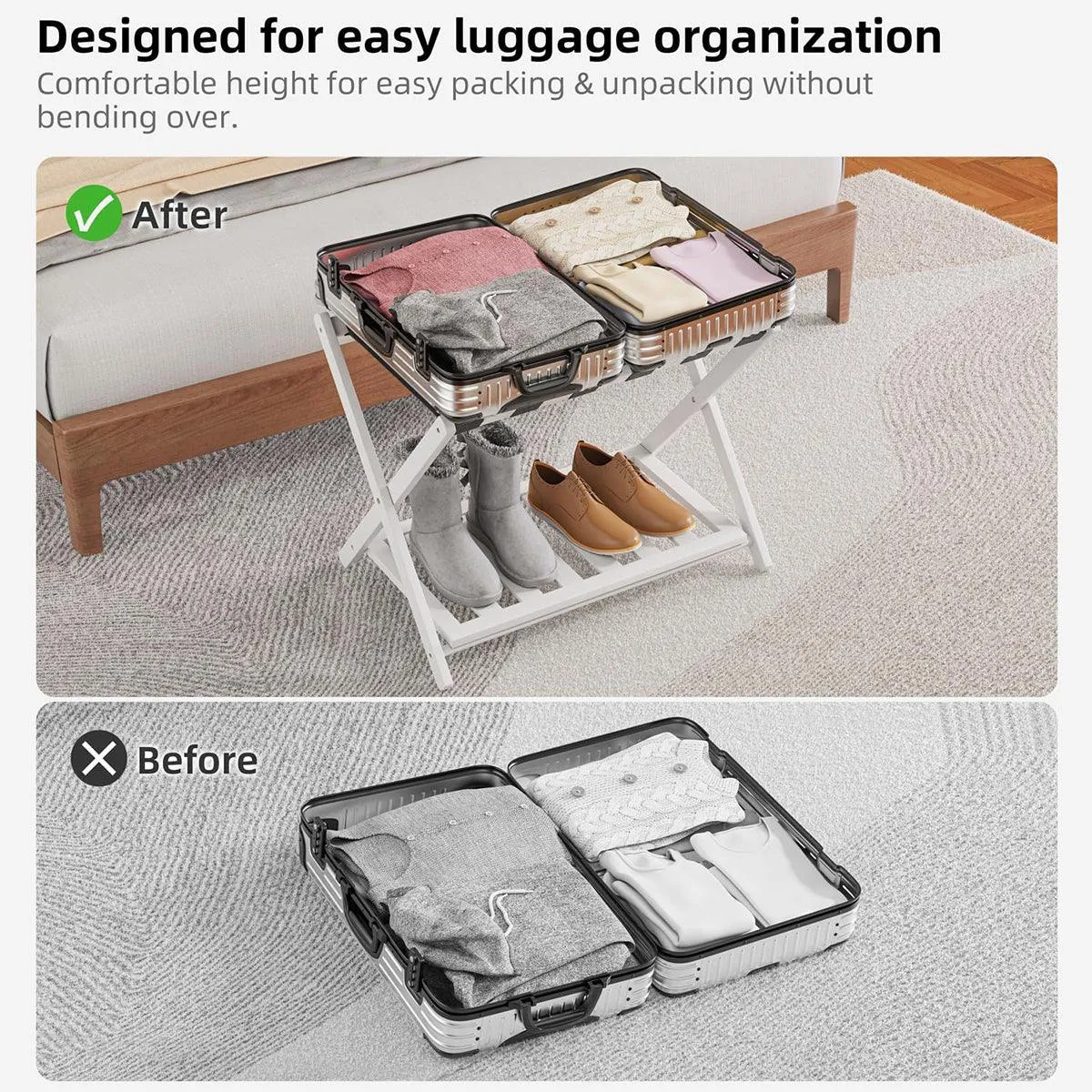 Foldable Luggage Rack Stand Portable Black Storage Shelf for Bedroom Travel