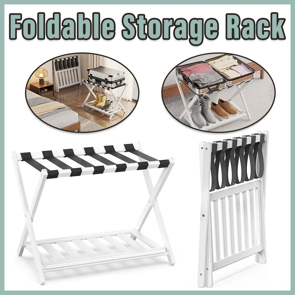 Foldable Luggage Rack Stand Portable Black Storage Shelf for Bedroom Travel