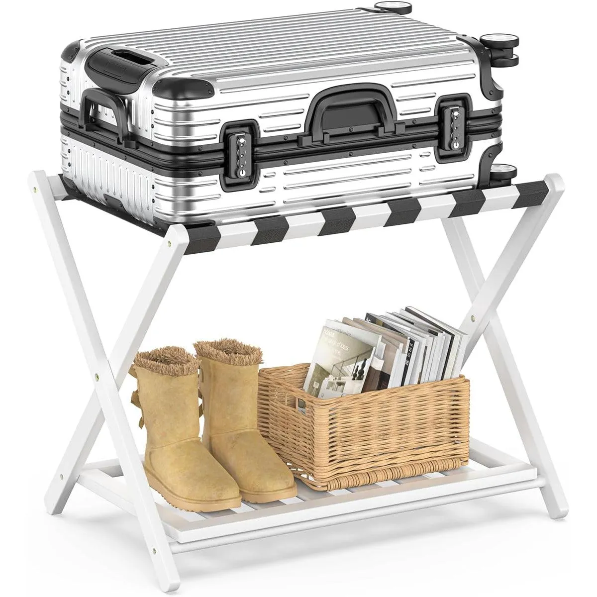 Foldable Luggage Rack Stand Portable Black Storage Shelf for Bedroom Travel