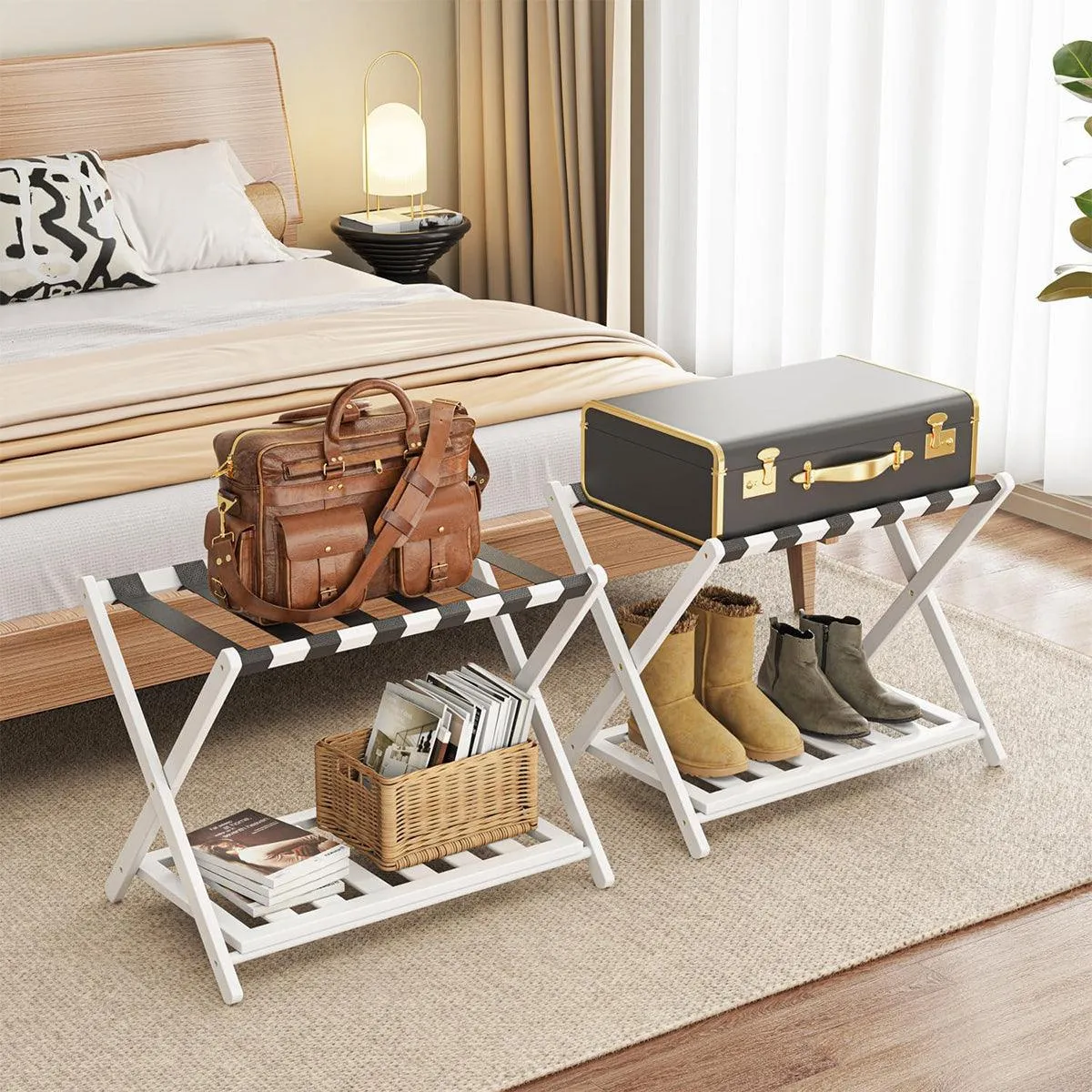 Foldable Luggage Rack Stand Portable Black Storage Shelf for Bedroom Travel