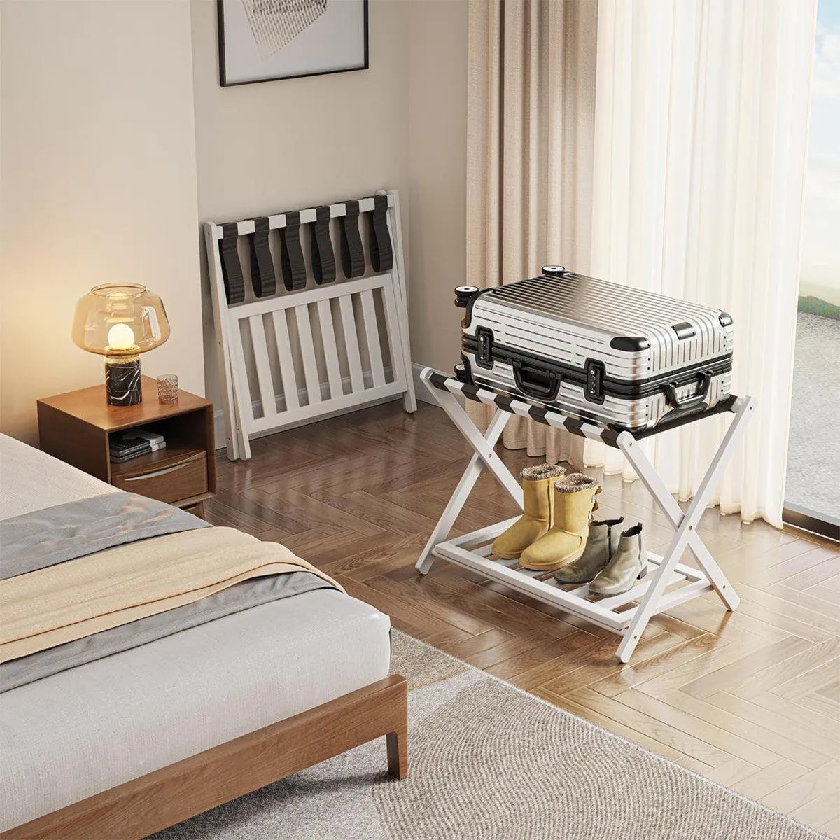 Foldable Luggage Rack Stand Portable Black Storage Shelf for Bedroom Travel