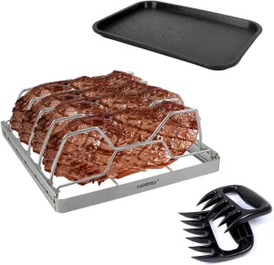 Foldable Rib Rack for Smoking, Stainless Steel 10 in Rib Rack with 2 Meat Shredder Claws, and Black PP Tray, Perfect for Grilling, Smoking, and Serving, BBQ Accessories