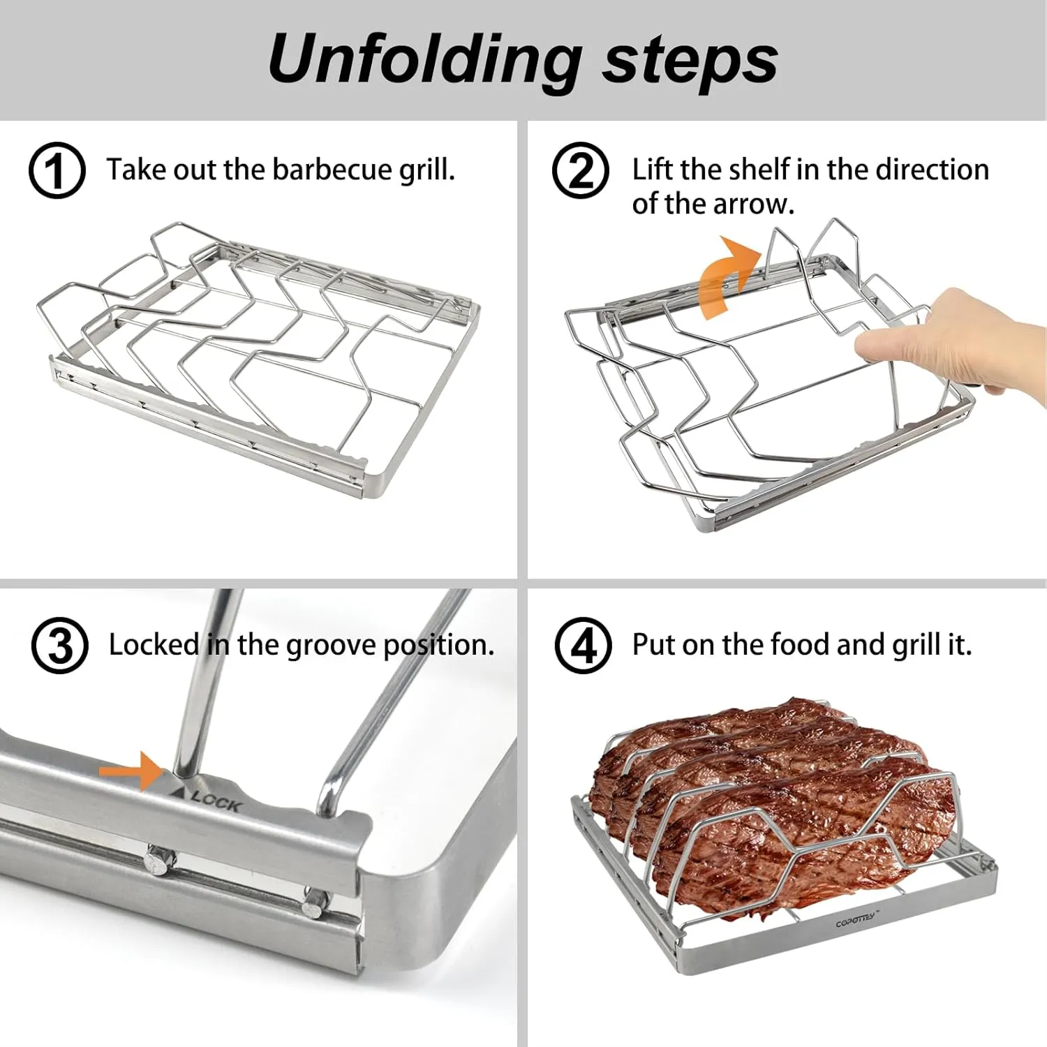 Foldable Rib Rack for Smoking, Stainless Steel 10 in Rib Rack with 2 Meat Shredder Claws, and Black PP Tray, Perfect for Grilling, Smoking, and Serving, BBQ Accessories