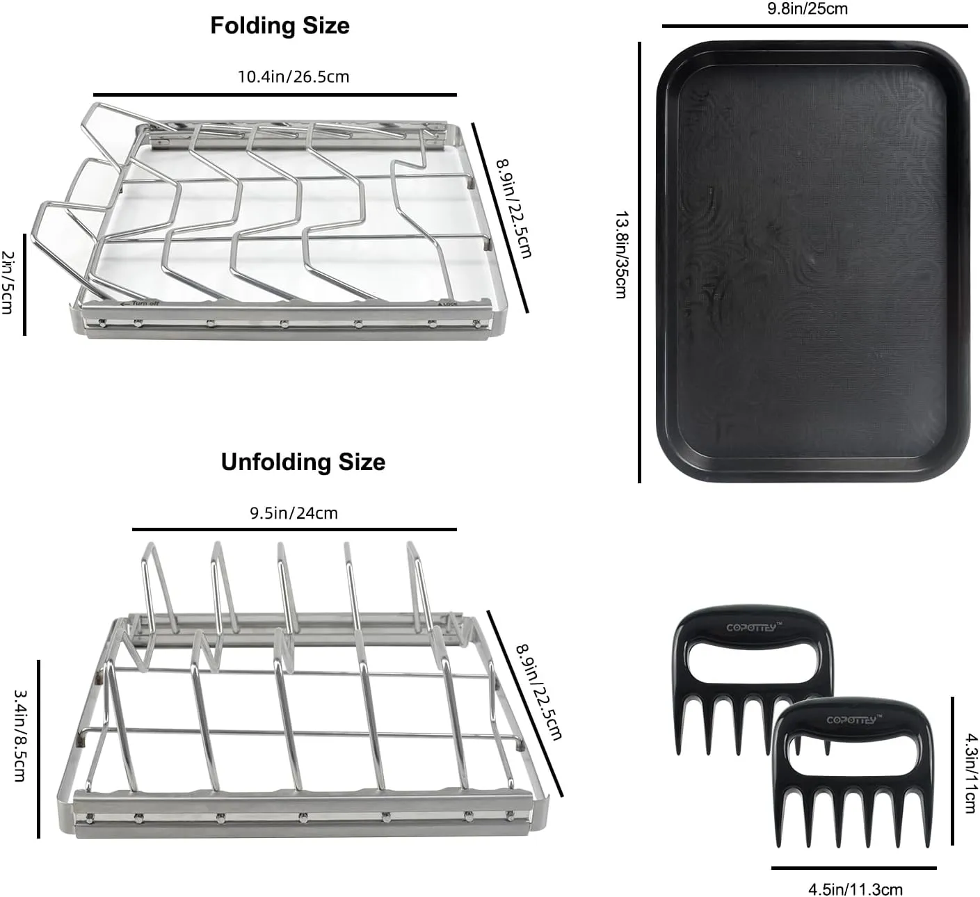 Foldable Rib Rack for Smoking, Stainless Steel 10 in Rib Rack with 2 Meat Shredder Claws, and Black PP Tray, Perfect for Grilling, Smoking, and Serving, BBQ Accessories
