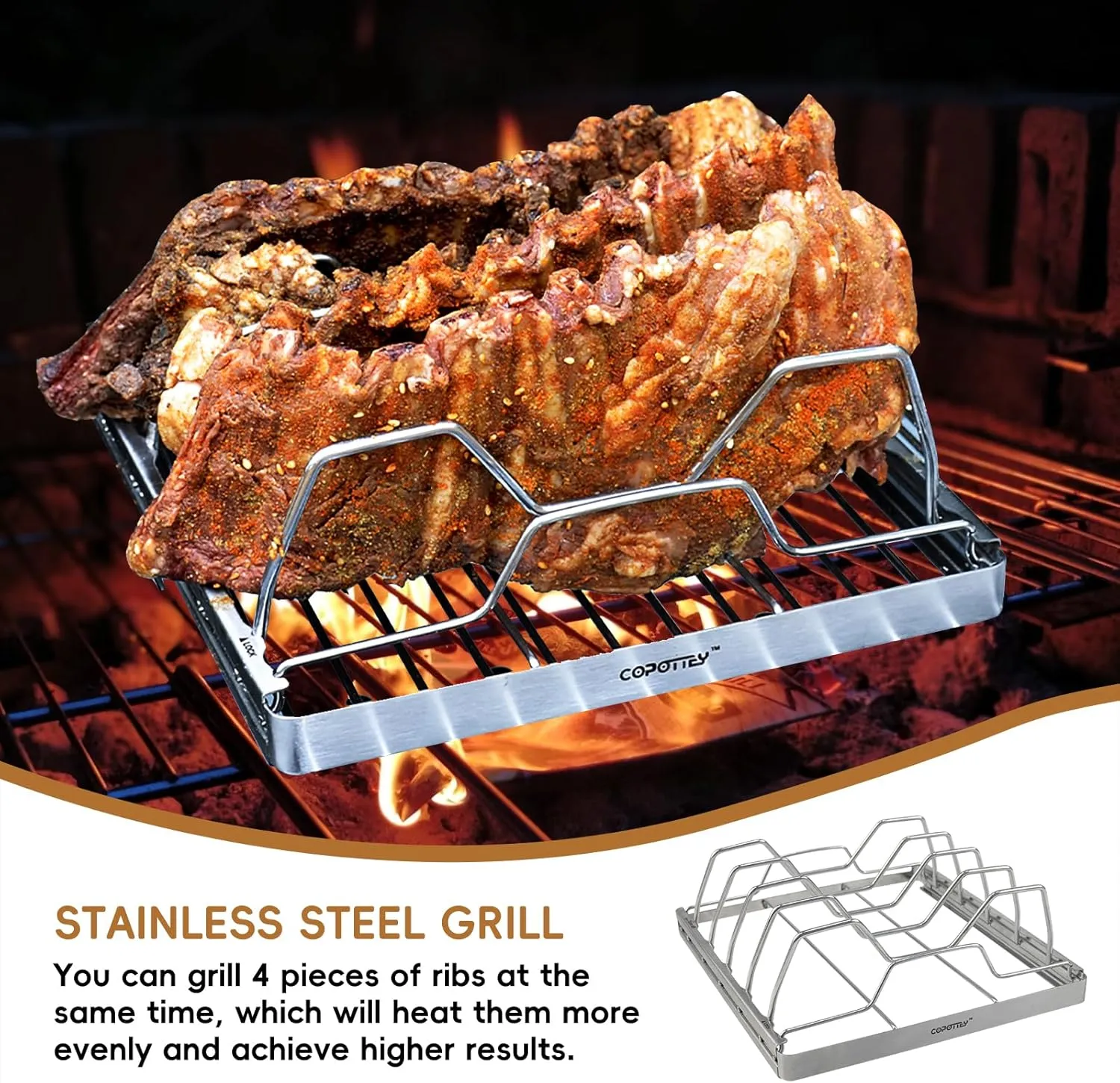 Foldable Rib Rack for Smoking, Stainless Steel 10 in Rib Rack with 2 Meat Shredder Claws, and Black PP Tray, Perfect for Grilling, Smoking, and Serving, BBQ Accessories