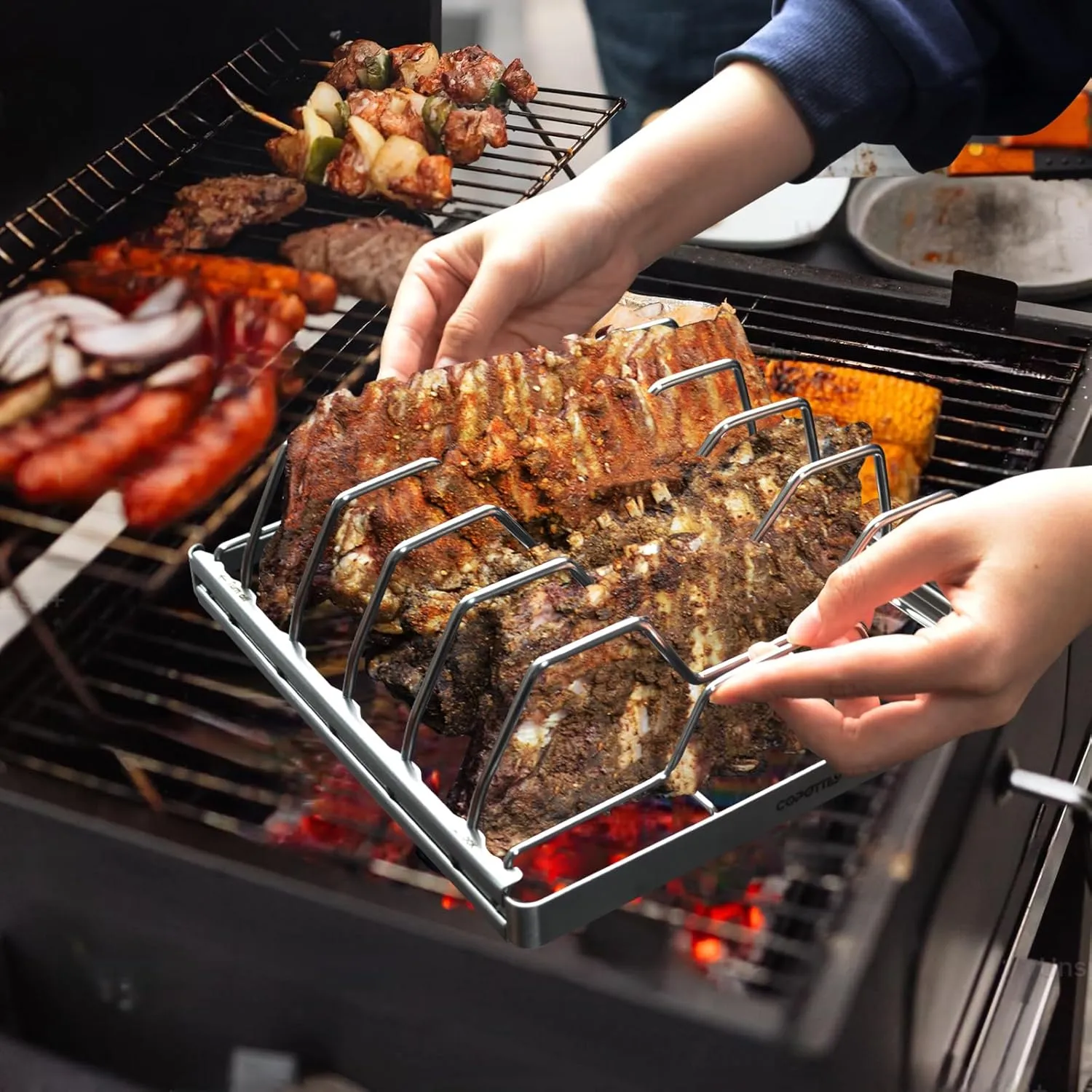 Foldable Rib Rack for Smoking, Stainless Steel 10 in Rib Rack with 2 Meat Shredder Claws, and Black PP Tray, Perfect for Grilling, Smoking, and Serving, BBQ Accessories