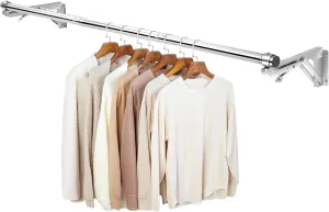 Foldable Wall Mounted Clothes Rack-44'' Long Rod&2 Bases,Stainless Steel, Heavy Duty,Detachable,Multi-Purpose for Space-Saving Garment Rack/Clothes Drying Rack/Plant Hanger,Top Shelf Room Reserved