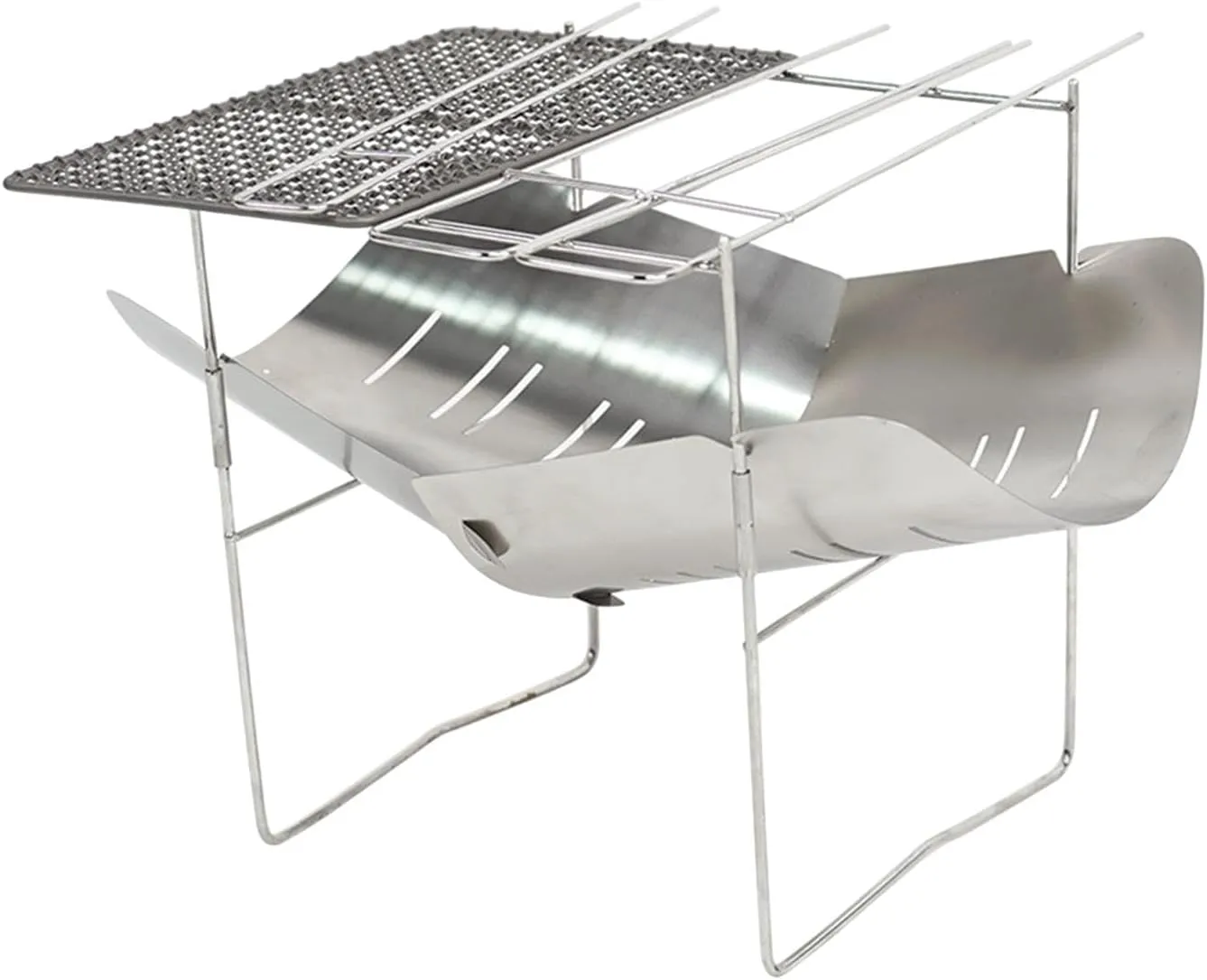 Folding BBQ Grill for Camping, Stainless Steel Fire Pit for Outdoor Use, with 3 Skewers Net