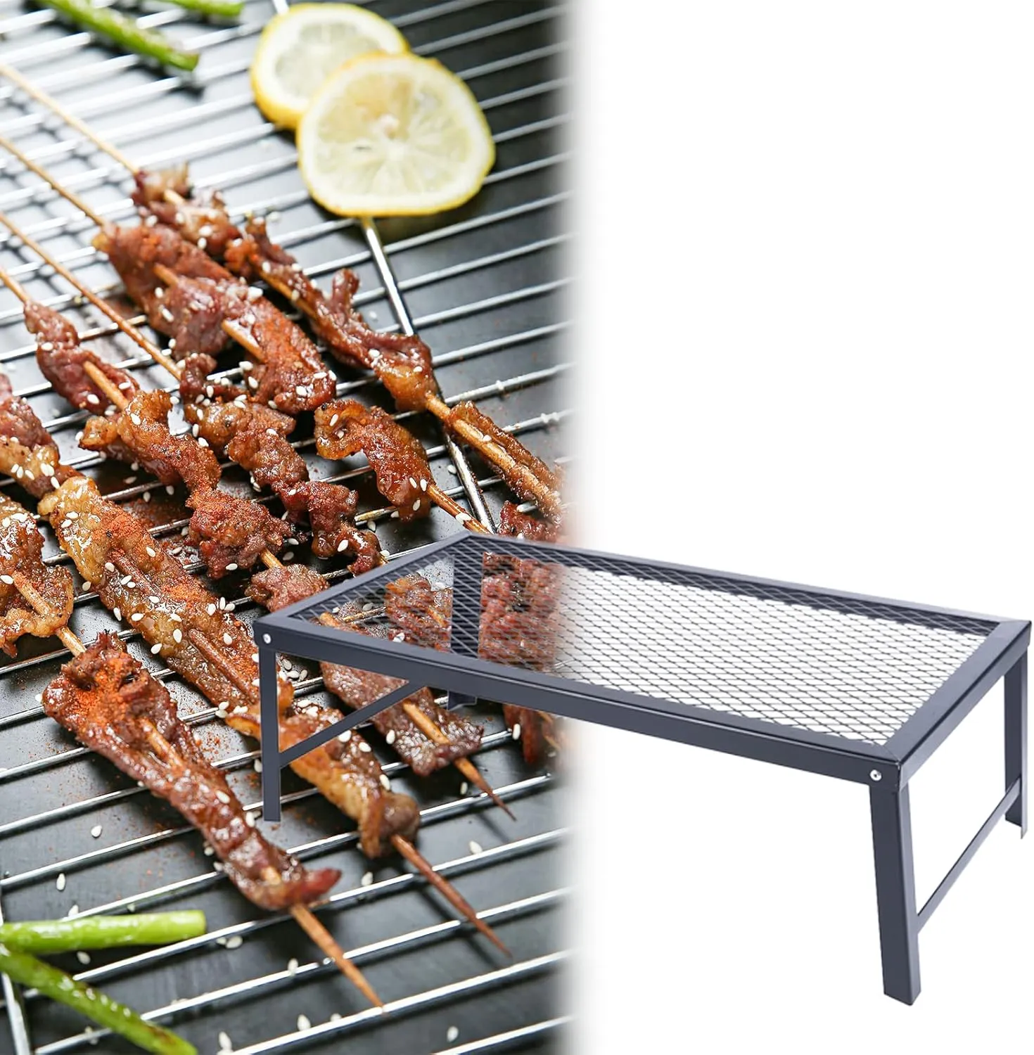 Folding Campfire Grill, Portable Camping Grates Over Fire Pit, Heavy Duty Steel Mesh Grate, Camp Fire Cooking Equipment with Legs Carrying Bag for Outdoor Cooking and Bonfire