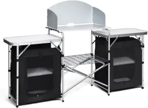 Folding Camping Kitchen Table with Storage, Portable Kitchen Table with Organizer Storage Shelf and Wind Screen for BBQ, Grill, Party, Picnics, Black