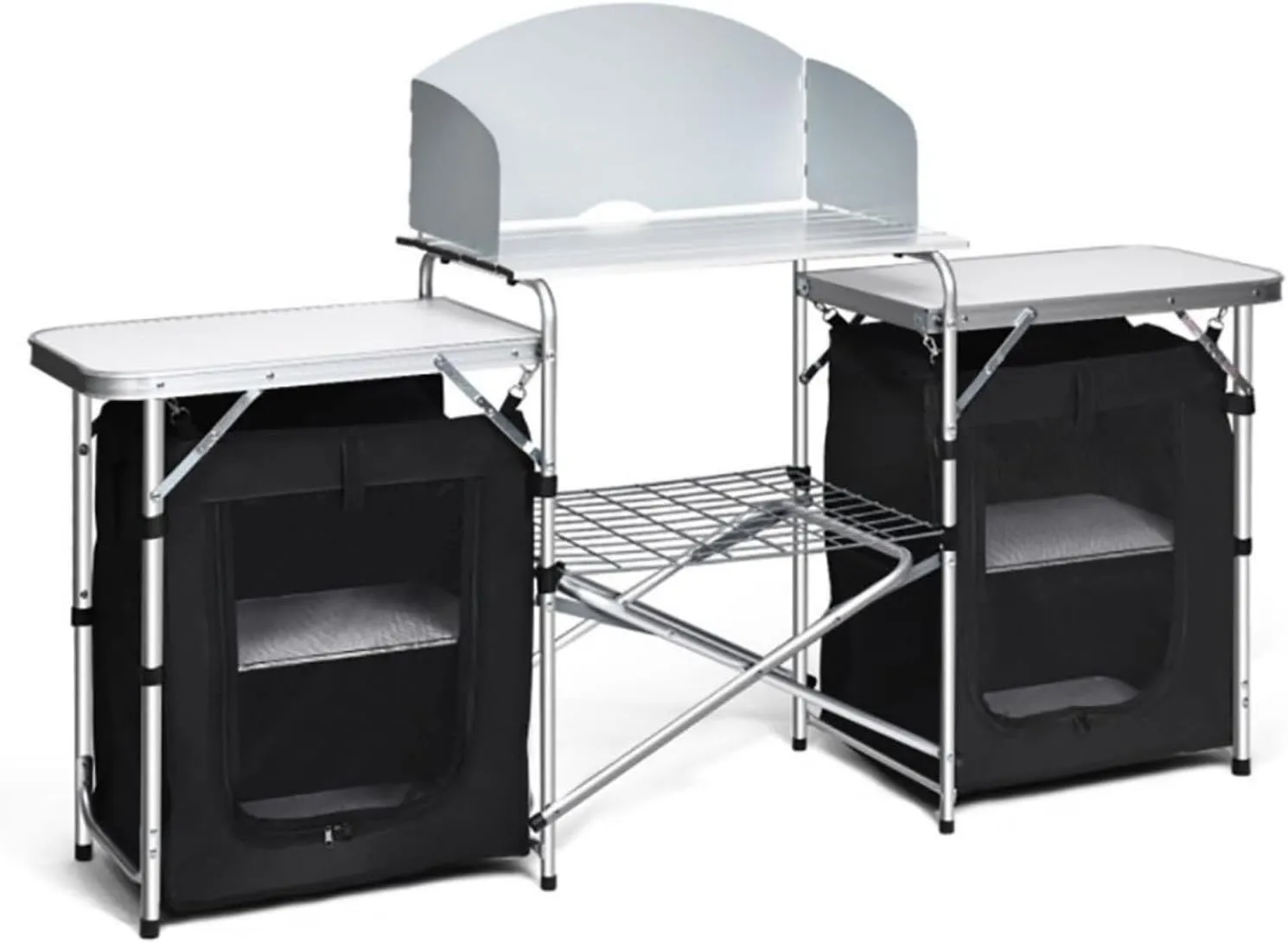 Folding Camping Kitchen Table with Storage, Portable Kitchen Table with Organizer Storage Shelf and Wind Screen for BBQ, Grill, Party, Picnics, Black