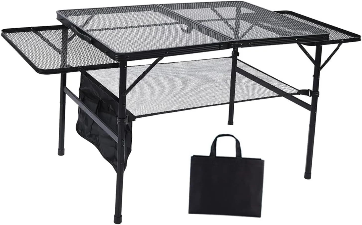 Folding Grill Table Mesh Desktop Side Pocket with Carrying Bag with Storage Camping Table Adjustable Height for Outdoor Beach