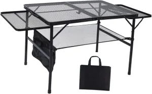 Folding Grill Table Mesh Desktop Side Pocket with Carrying Bag with Storage Camping Table Adjustable Height for Outdoor Beach